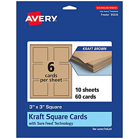 Avery® Printable Note Cards With Sure Feed® Technology, 3" x 3" Square, Kraft Brown, Pack Of 60