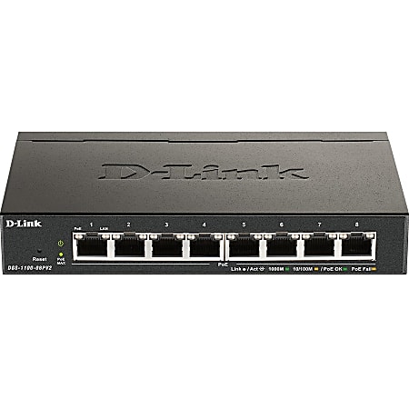 D-Link DGS-1100-08PV2 Ethernet Switch - 8 Ports - Manageable - Gigabit Ethernet - 1000Base-T - 2 Layer Supported - 77.90 W Power Consumption - 64 W PoE Budget - Twisted Pair - PoE Ports - Desktop - Lifetime Limited Warranty