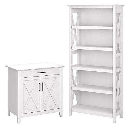 Bush Furniture Key West Secretary Desk With Storage And 5-Shelf Bookcase, Pure White Oak, Standard Delivery