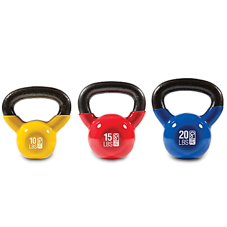 GoFit Ultimate Kettlebell Fit Pack, 10-1/2”H x 17-1/2”W x 7-1/2”D, Yellow/Red/Blue, Pack Of 3 Kettlebells