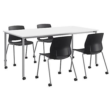 KFI Studios Dailey Table And 4 Chairs, With Caster, White/Silver Table, Black/Silver Chairs