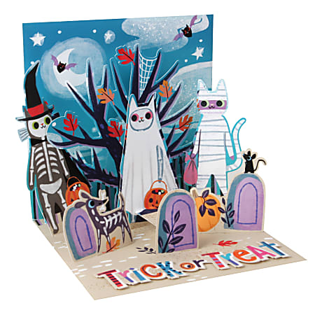 Up With Paper Halloween Pop-Up Greeting Card With Envelope, Half Fold, 5-1/4" x 5-1/4", Skeleton Cats, Message Inside