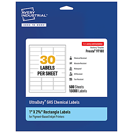 Avery® Ultra Duty® Permanent GHS Chemical Labels, 97180-WMUI500, Rectangle, 1" x 2-5/8", White, Pack Of 15,000