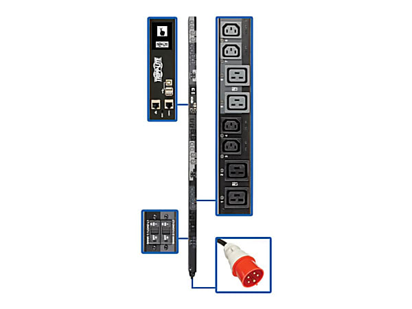 Tripp Lite 22.2kW 3-Phase Switched PDU - 12 C13 & 12 C19 Outlets, IEC 309 32A Red, 0U, Outlet Monitoring, TAA - PDU3XEVSR6G32A