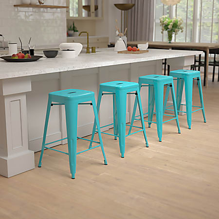 Flash Furniture 24" Metal Counter-Height Bar Stools, Set Of 4 Bar Stools, Teal