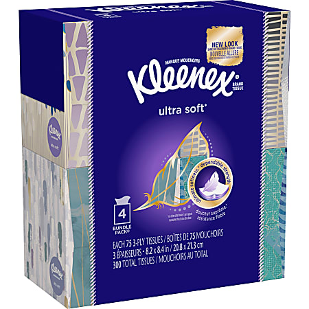 Kleenex Ultra Soft Facial Tissue - 3 Ply - White - Absorbent, Durable, Soft - For Office, Home - 75 Quantity Per Box - 300 / Pack