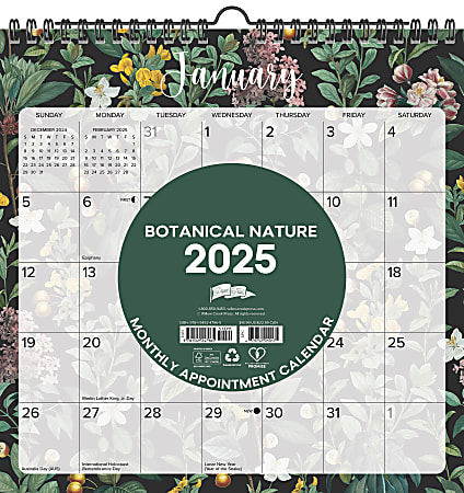 2025 Willow Creek Press Spiral Art Wall Calendar, 12” x 12”, Botanical Nature, January 2025 To December 2025, 47965