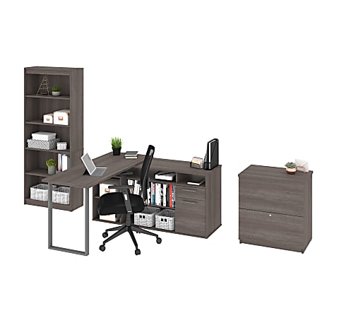Bestar Solay 118"W L-Shaped Corner Desk With Lateral File Cabinet And Bookcase, Bark Gray