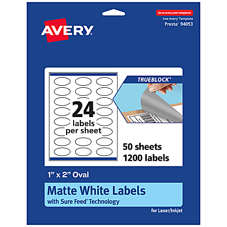 Avery® Print-To-The-Edge TrueBlock® Labels With Sure Feed®, 94053-TWMP50, Oval, 1" x 2", Matte White, Pack Of 1200