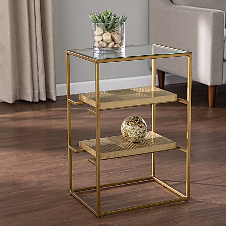 SEI Furniture Penketh Glass-Top Rectangle End Table with Storage, 23-1/2”H x 15-3/4”W x 11-3/4”D, Brass/Clear