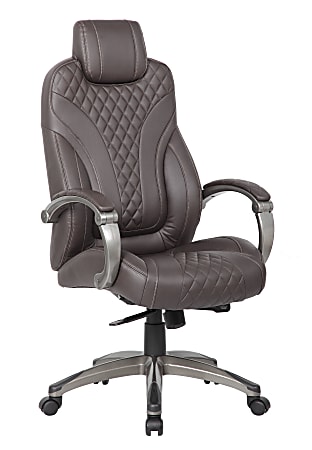 Boss Office Products Ergonomic Faux Leather High-Back Hinged Arm Executive Office Chair With Synchro-Tilt, Brown