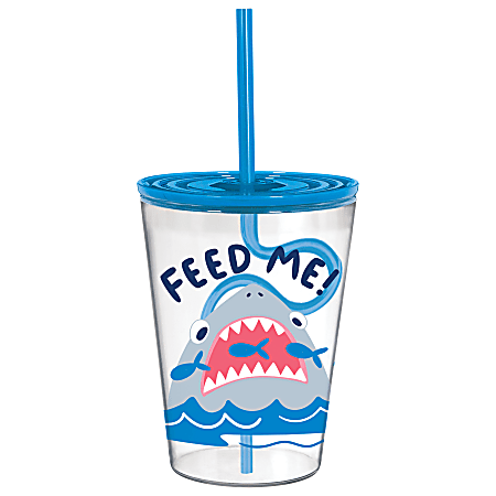 Amscan Tumblers With Silly Straws, 18 Oz, Shark, Set Of 3 Tumblers