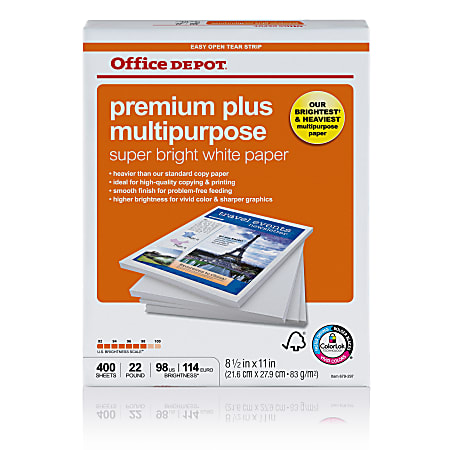 Office Depot® Premium Plus Multi-Use Paper, White, Letter (8.5" x 11"), 400 Sheets Per Ream, 22 Lb, 96 Brightness
