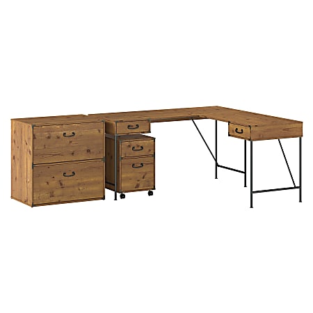 Kathy Ireland® Home by Bush Furniture Ironworks 60"W L-Shaped Writing Desk With File Cabinets, Vintage Golden Pine, Standard Delivery