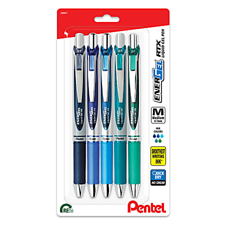 Pentel® EnerGel™ RTX Chill Hue Pens, Medium Point, 0.7 mm, Assorted, Pack Of 5 Pens
