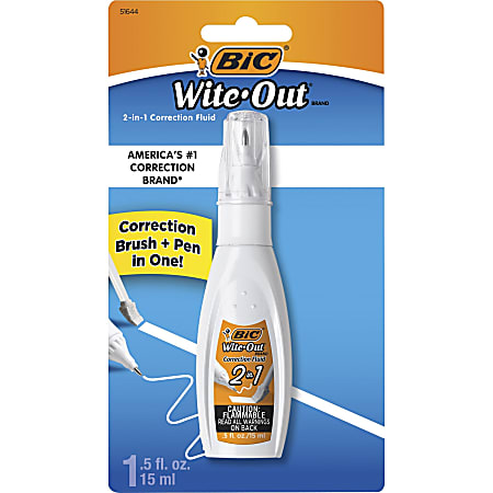 BIC Wite Out Wite Out 2 in1 Correction Fluid Tip Brush Applicator 0.51 fl  oz White Quick Drying 1 Each - Office Depot