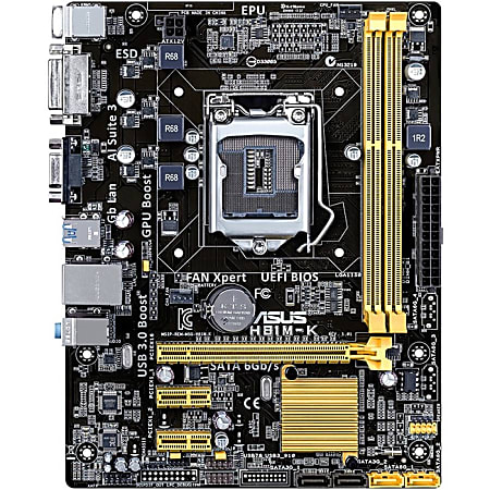 Asus H81M-K Desktop Motherboard - Intel Chipset - Socket H3 LGA-1150 - 16 GB DDR3 SDRAM Maximum RAM - 2 x Memory Slots - Gigabit Ethernet - 2 x USB 3.0 Port - DVI - 1 x RJ-45 - 4 x SATA Interfaces