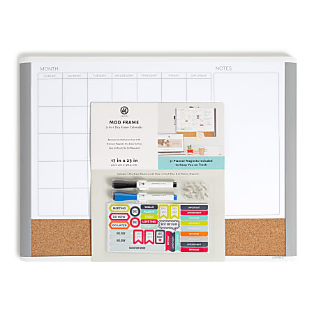 U Brands MOD 3-In-1 Dry Erase Calendar Bulletin Board, 23" x 17", White/Gray