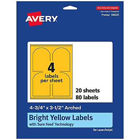 Avery® Print-To-The-Edge Labels With Sure Feed® Technology, 94600-BYP20, Arched, 4-3/4" x 3-1/2", Matte Bright Yellow, Pack of 80