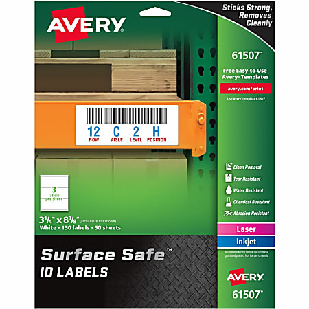 Avery® Surface Safe ID Labels - Removable Adhesive - 3 1/4" Width x 8 3/8" Length - Rectangle - Laser, Inkjet - White - Polyester - 3 / Sheet - 50 Total Sheets - 150 / Pack