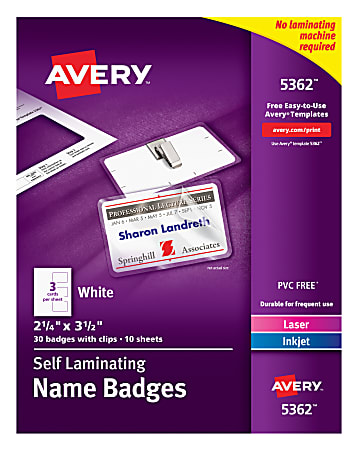 Avery® Customizable Self-Laminating Name Badges, 5362, 2.25" x 3.5", White, 30 Name Tags With Clips