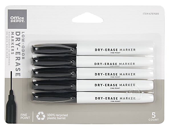 Office Depot® Brand Low-Odor Pen-Style Dry-Erase Markers, Fine Point, 100% Recycled, Black Ink, Pack Of 5