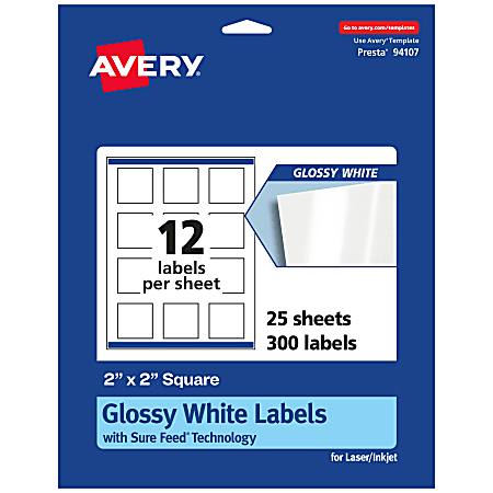 Avery® Glossy Permanent Labels With Sure Feed®, 94107-WGP25, Square, 2" x 2", White, Pack Of 300