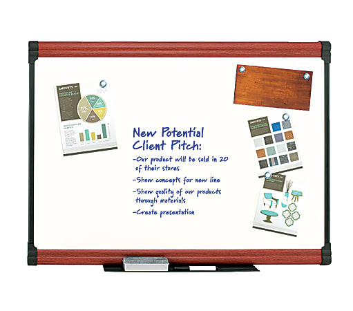 FORAY™ Porcelain Magnetic Dry-Erase Whiteboard, 36" x 48",  Mahogany Finish Frame