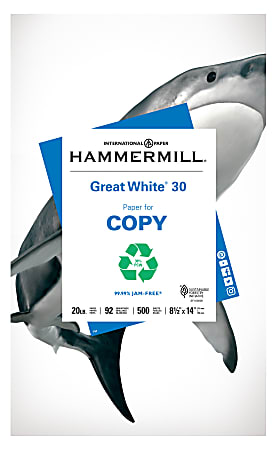 Hammermill® Great White® Copy Paper, White, Legal (8.5" x 14"), 500 Sheets Per Ream, 20 Lb, 92 Brightness, 30% Recycled