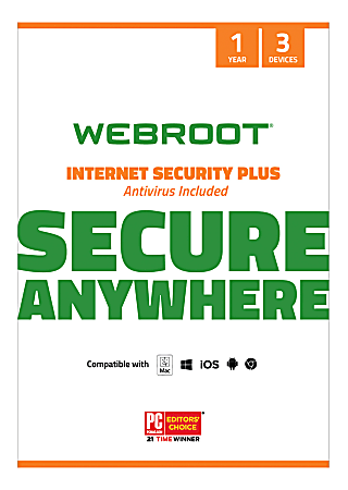 Webroot® Internet Security Plus With Antivirus Protection 2020, For 3 PC And Mac® Devices, 1-Year Subscription