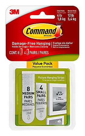 Command Picture Hanging Strips Value Pack, 4 Pairs (8-Small Command Strips), 8 Pairs (16-Medium Command Strips), White - 17203-ES
