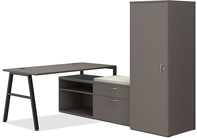 HON® Mod 84"W Office Computer Desk Set, Slate Teak/Black/Cool Neutral