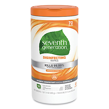 Seventh Generation® Disinfectant Wipes, Lemongrass Citrus, Container Of 70 Wipes