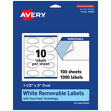 Avery® Removable Labels With Sure Feed®, 94055-RMP100, Oval, 1-1/2" x 3", White, Pack Of 1,000 Labels