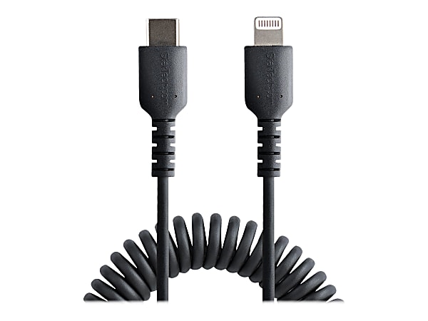 StarTech.com USB C to Lightning Cable 1m (3ft), MFi Certified, Coiled iPhone Charger Cable, Black, Durable TPE Jacket Aramid Fiber - RUSB2CLT1MBC
