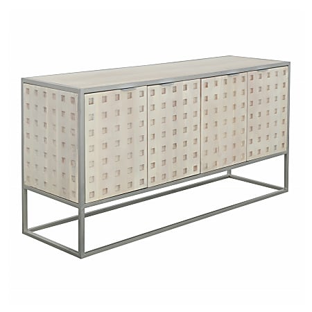 Coast to Coast Natalie Contemporary Acacia Wood and Iron 4-Door Credenza, 30”H x 59"W x 18"D, Pique White Wash/Silver