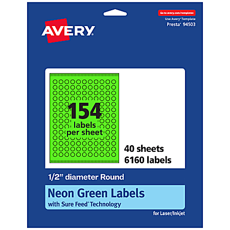 Avery® Print-To-The-Edge Labels With Sure Feed® Technology, 94503-NGP40, Round, 1/2", Matte Neon Green, Pack of 6160