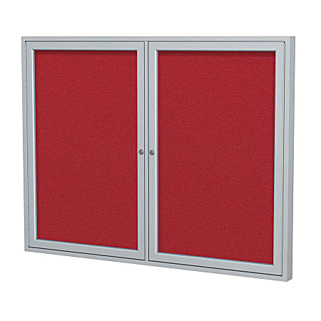 Ghent Traditional Enclosed 2-Door Fabric Bulletin Board, 36" x 60", Red, Satin Aluminum Frame