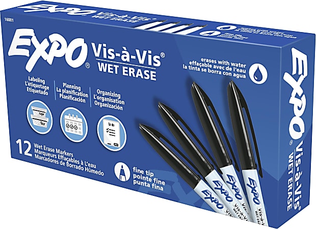 EXPO® Vis-a-Vis® Wet-Erase Fine-Tip Markers, Black, Box Of 12