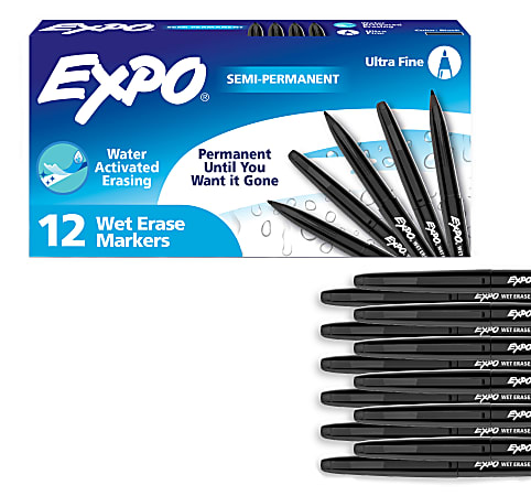 EXPO® Vis-a-Vis® Wet-Erase Fine-Tip Markers, Black, Box Of 12