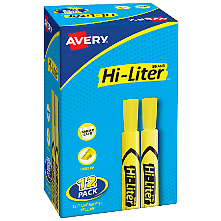Avery® Hi-Liter® SmearSafe® Highlighters, Chisel Tip, Desk-Style, Yellow, Pack Of 12 Highlighters