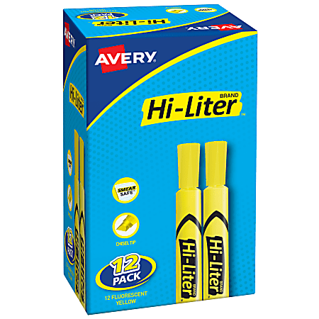 Avery® Hi-Liter® SmearSafe® Highlighters, Chisel Tip, Desk-Style, Flourescent Yellow, Pack Of 12 Highlighters