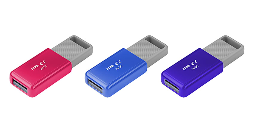 PNY USB 2.0 Flash Drives, 16GB, Assorted, Pack Of 3