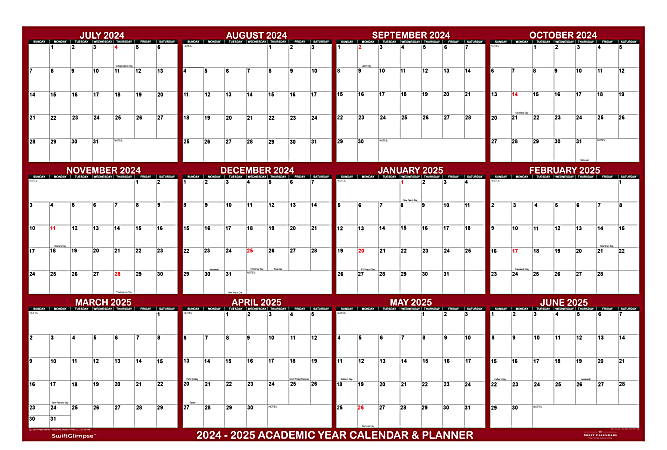 2024-2025 SwiftGlimpse Academic Daily/Yearly Wall Calendar, 32" x 48", Maroon, July 2024 To June 2025, SG 2024 ACA MAR