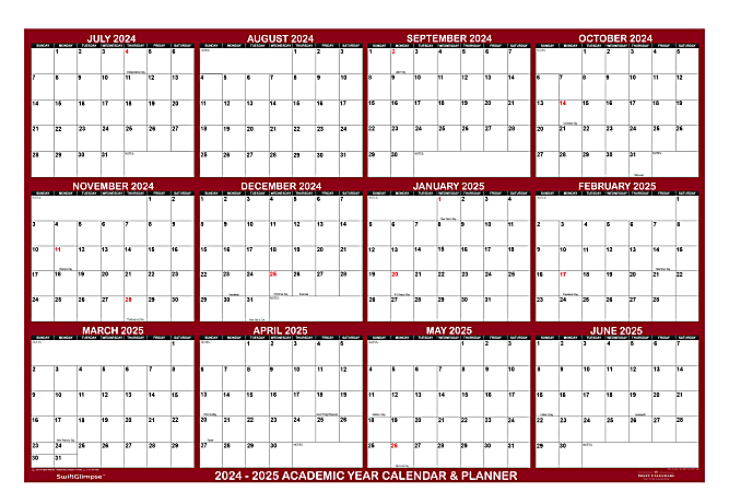 2024-2025 SwiftGlimpse Academic Daily/Yearly Wall Calendar, 32" x 48", Maroon, July 2024 To June 2025, SG 2024 ACA MAR