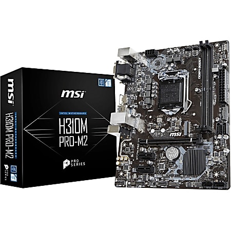 MSI H310M PRO-M2 Desktop Motherboard - Intel H310 Chipset - Socket LGA-1151 - Micro ATX - 1 x Processor Support - 32 GB DDR4 SDRAM Maximum RAM - 2.67 GHz, 2.40 GHz, 2.13 GHz Memory Speed Supported - DIMM, UDIMM - 2 x Memory Slots - Serial ATA/600