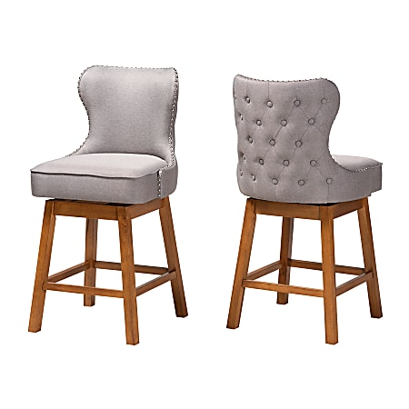 Baxton Studio Gradisca Fabric Swivel Counter-Height Stools With Backs, Gray/Walnut Brown, Set Of 2 Stools