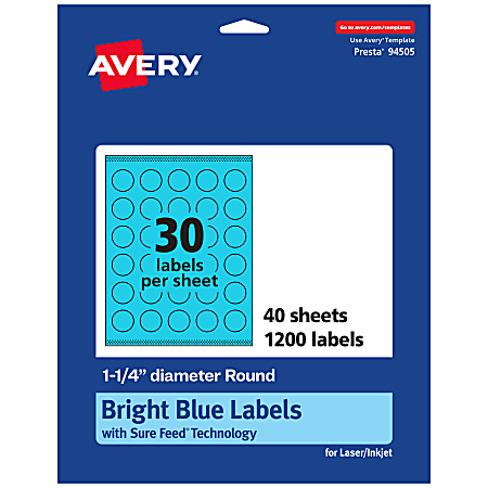 Avery® Print-To-The-Edge Labels With Sure Feed® Technology And Easy Peel® Label Feature, 94505-BBP40, Round, 1-1/4", Matte Bright Blue, Pack of 1200
