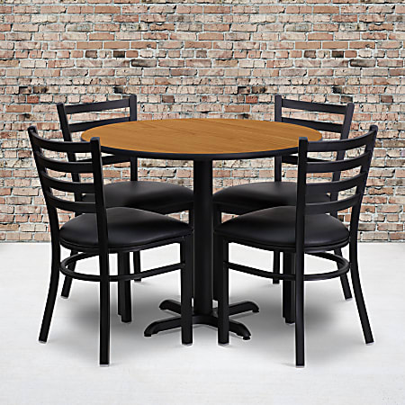 Flash Furniture Round Laminate Table Set With X-Base And 4 Ladder-Back Metal Chairs, 30"H x 36"W x 36"D, Natural/Black