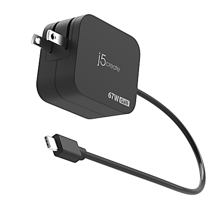 j5create 67W GaN PD USB-C Mini Charger With 4.5mm DC Converter, Black, JUP1565